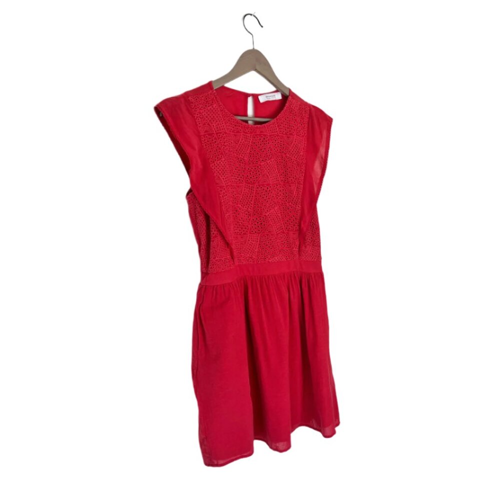Raspberry Pink Linen Eyelet Lace Dress with Ruffled Sleeve Detail, Size Large